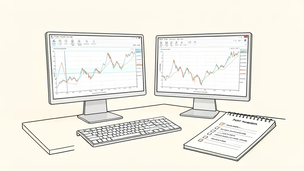 A professional trading workspace with two computer monitors displaying technical analysis charts, a clean desk, and a notebook with a checklist of profit targets and drawdown limits.
