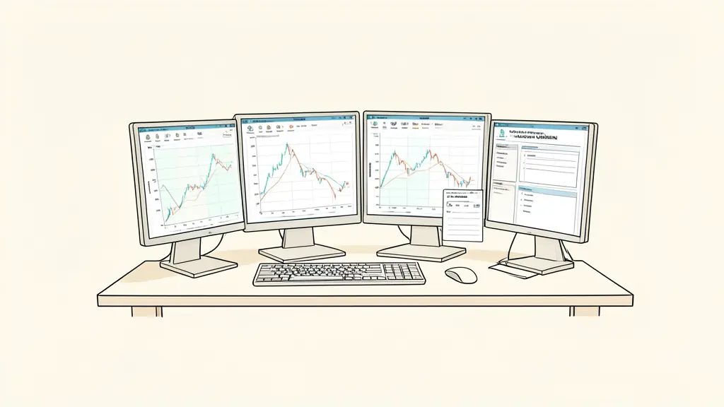A professional trading desk with multiple monitors showing futures charts and a checklist for account qualification, editorial style, no text