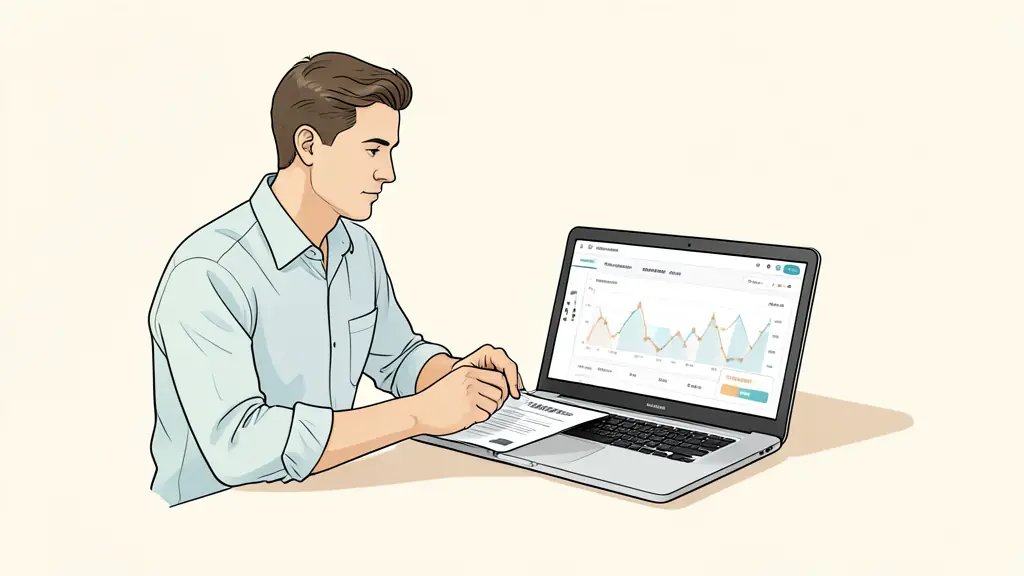 Trader checking identity documents beside a laptop displaying a trading dashboard and a payment confirmation screen, editorial photography, no text or logo
