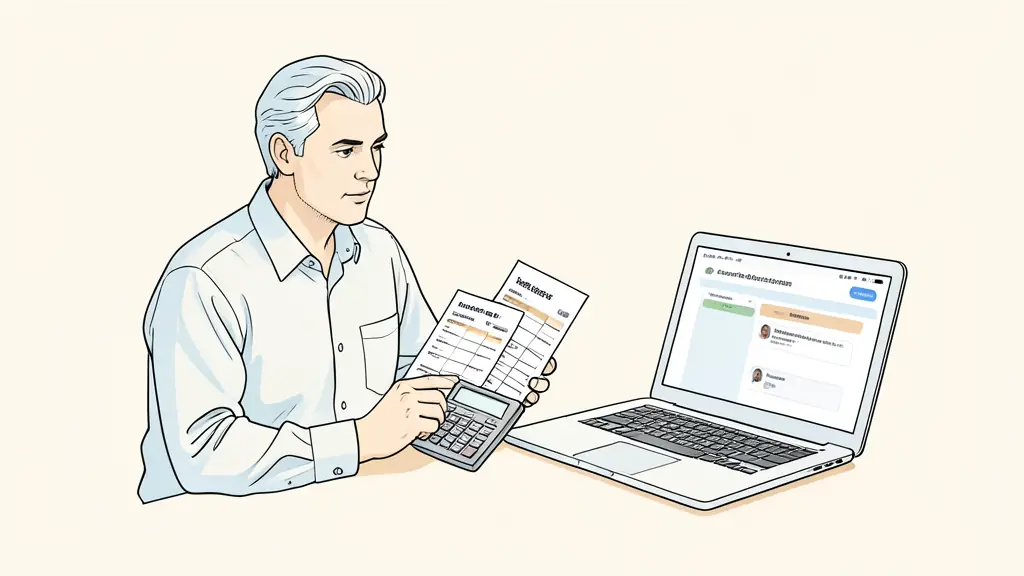 Trader comparing two account rule sheets beside a calculator and a customer support chat on a laptop, editorial photography, no text or logo
