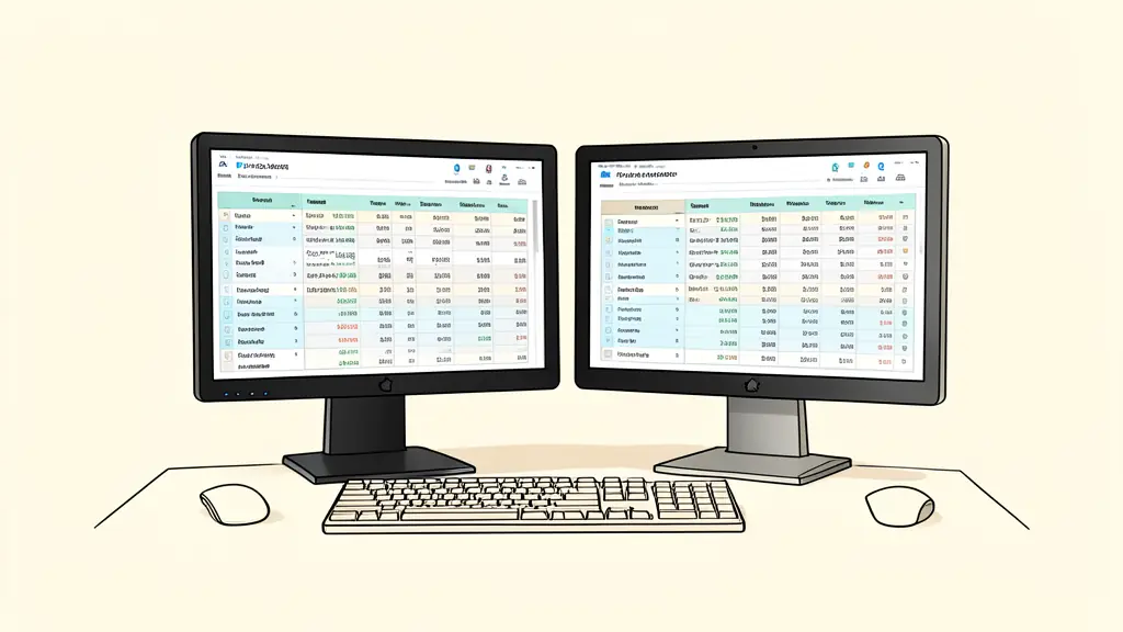 Professional trader's desk with two monitors showing a comparison table of trading accounts, high contrast, cinematic lighting, financial office environment