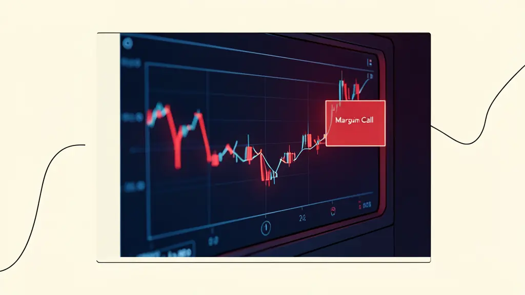 Close-up of a trading screen displaying a sharp downward red candle with a 'Margin Call' warning, dark room, neon blue and red lighting, focus on the chart