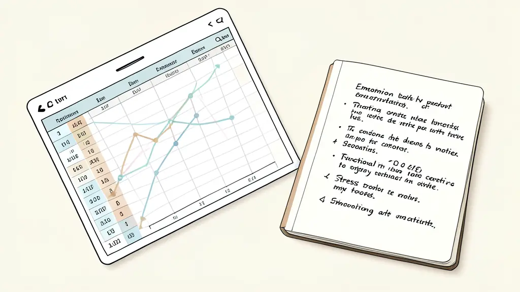 A high-angle close-up of a trading workspace with a digital spreadsheet showing entry and exit points, next to a handwritten notebook detailing emotional states and stress levels.