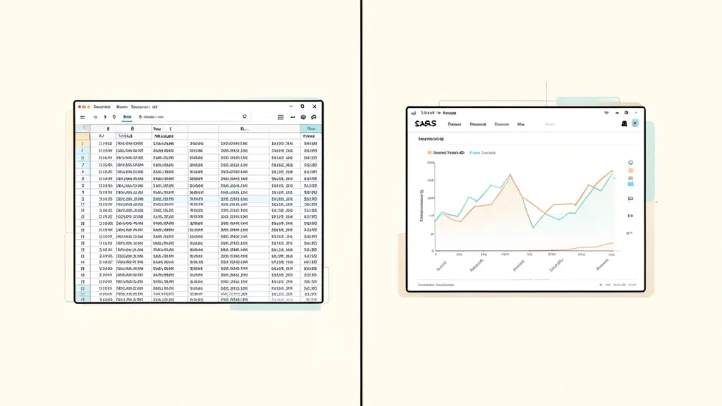 A split-screen composition showing a complex Excel spreadsheet on one side and a modern, clean SaaS trading dashboard with performance graphs on the other.