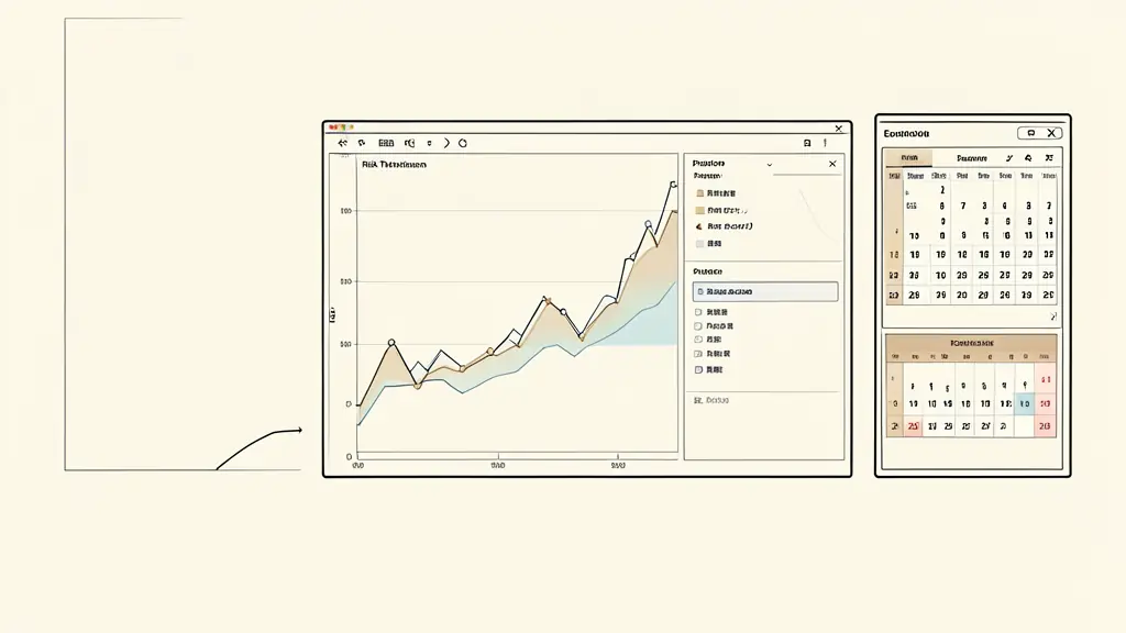 close-up of a trading workstation showing an equity curve falling toward a risk threshold, open positions panel, economic calendar nearby