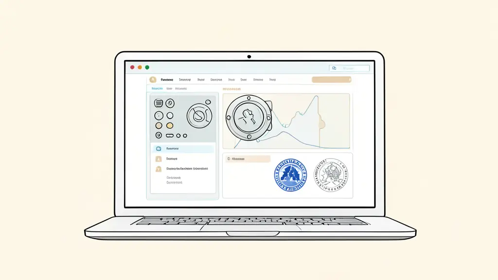 Editorial photography of a secure digital vault interface on a laptop screen, professional financial environment, focus on security symbols and European regulatory stamps