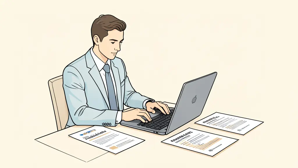 Financial analyst checking a corporate registry on a laptop, printed terms and company address documents on the desk, neutral office lighting