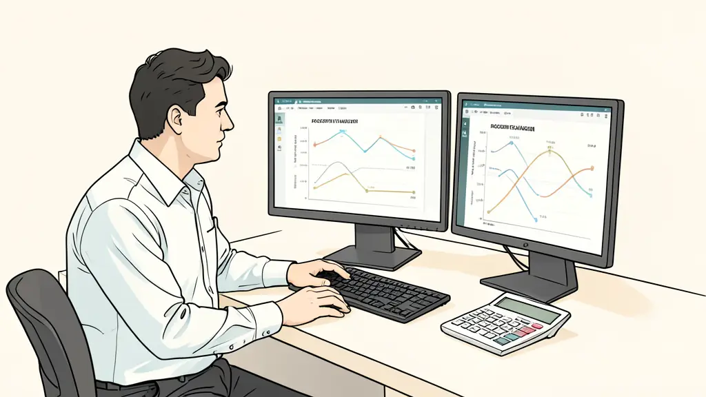 Trader comparing three account evaluation paths on multiple monitors, risk journal and calculator beside the keyboard, focused home office setting