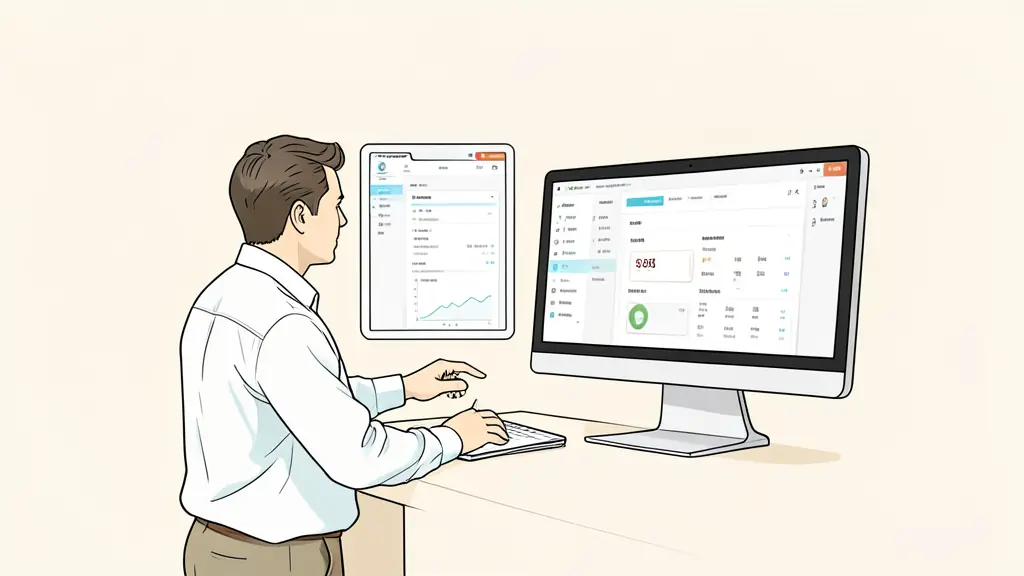 trader reviewing a simulated account dashboard, payment receipt and risk limits on two computer screens, no text or logos