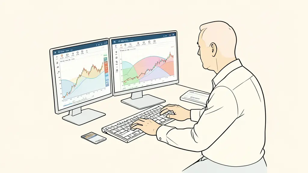 Trader reviewing a simulated trading account on two monitors, payment card beside the keyboard, risk limits visible as colored chart zones