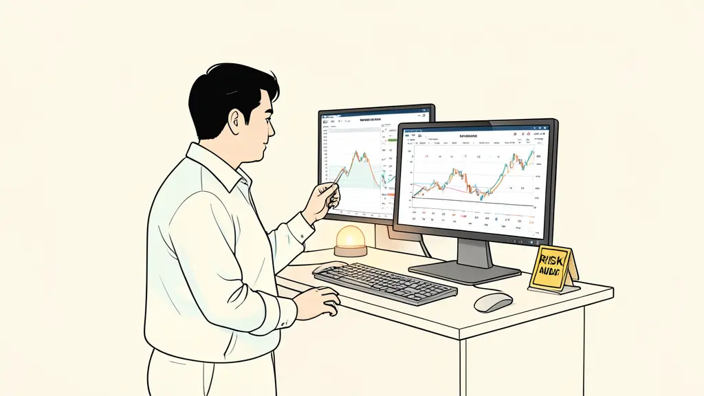 Trader monitoring a falling equity curve at night, economic calendar open on a second screen, risk warning light beside the desk