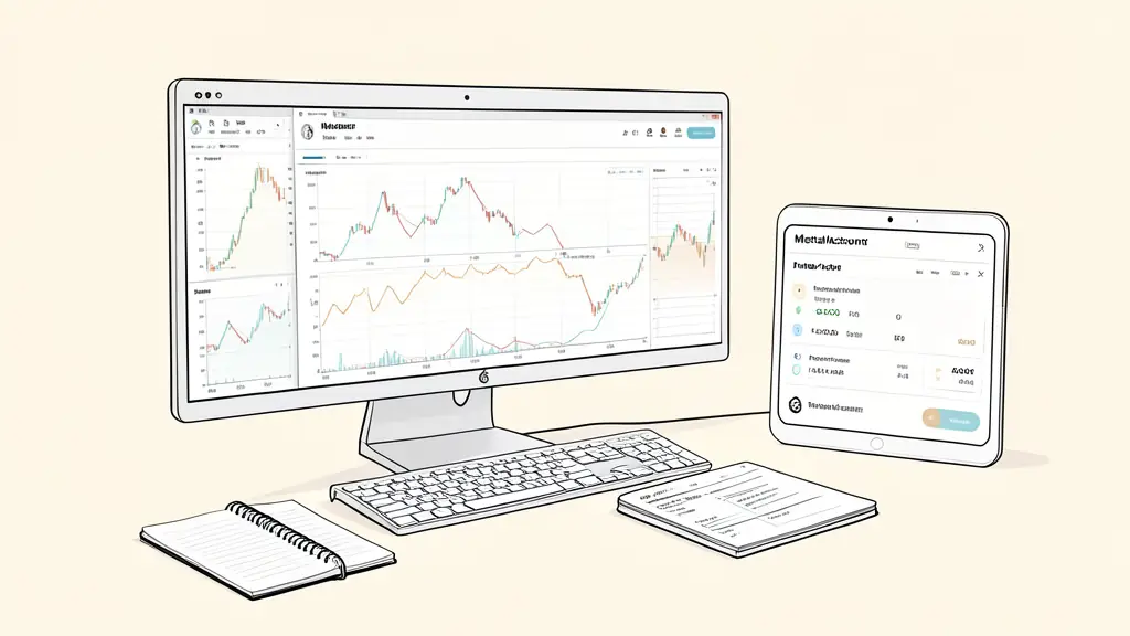 A professional trader's workspace with multiple monitors showing MetaTrader charts, a notebook with trading rules, and a digital dashboard displaying a funded account balance.