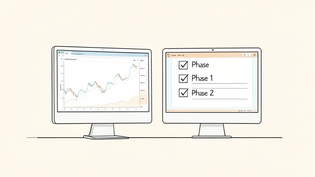 A professional workspace with two computer monitors showing trading charts and a checklist with two checked boxes: Phase 1 and Phase 2, editorial style, high resolution