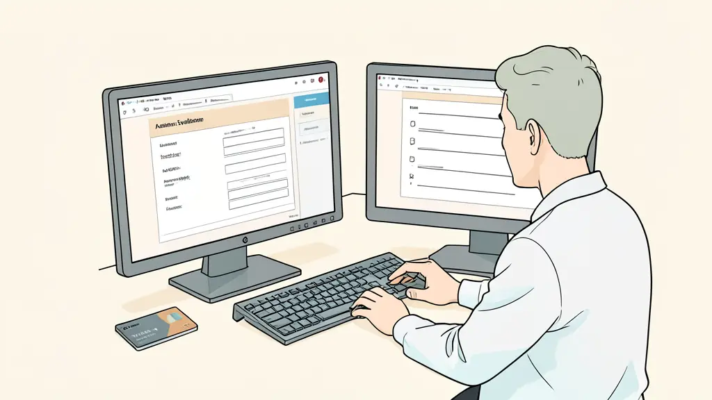 A trader reviewing an account evaluation flow on two computer monitors, a payment card beside the keyboard, a printed checklist with several blank fields