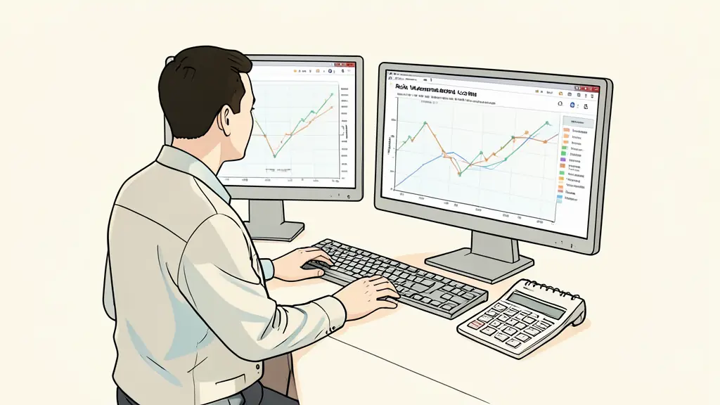 A risk manager comparing an equity curve and loss limits across two monitors, an overnight position visible on a chart, a calculator beside a trading journal