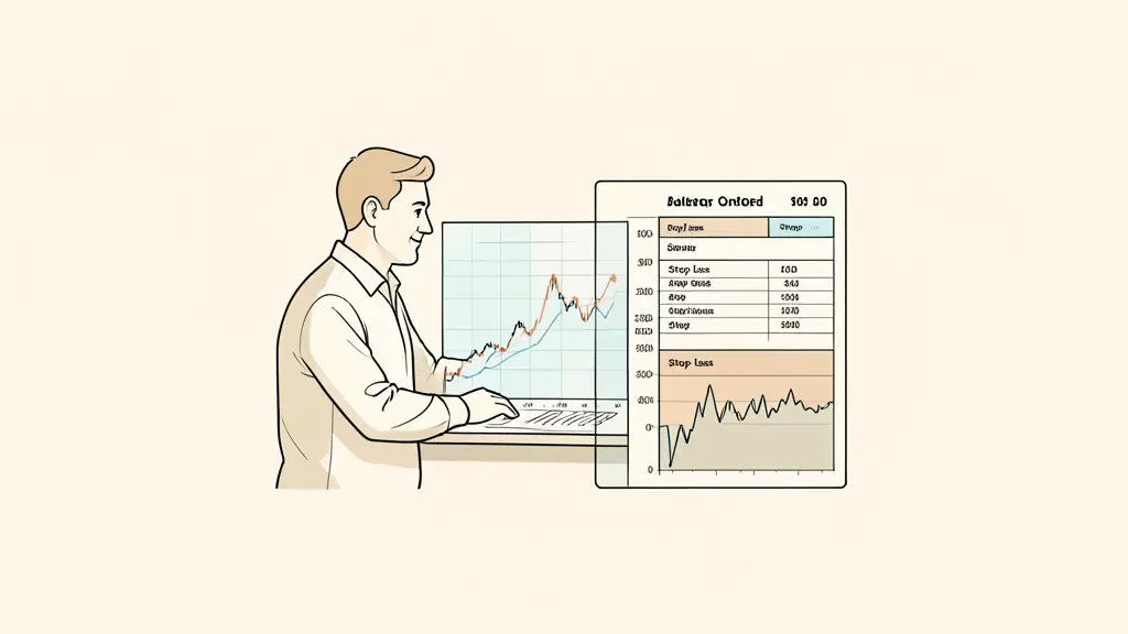 Editorial photograph of a trader reviewing a price chart, an order ticket with stop-loss levels, and a visible market depth panel, no text, no logo
