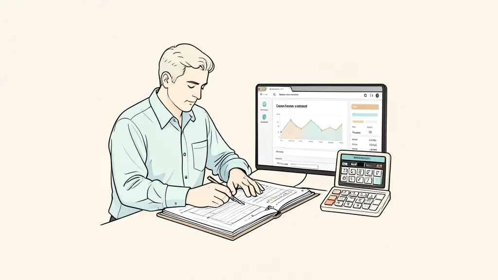 Editorial photograph of a trader completing a trading journal beside a demo account screen and a position-size calculator, no text, no logo
