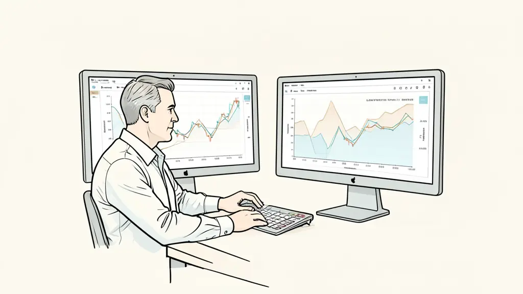 Risk manager reviewing a volatile price chart, position sizing calculator and liquidity depth on two monitors, no text or logo